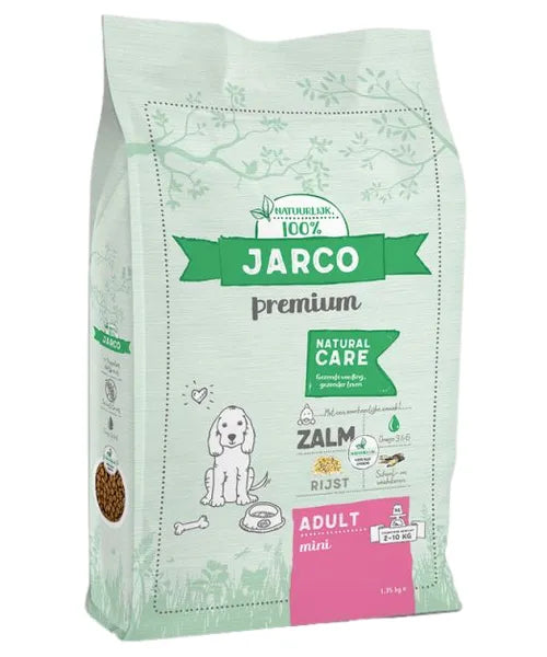 Jarco Premium Natural Care zalm adult mini hondenvoer verpakking, Onlinedierenwereld